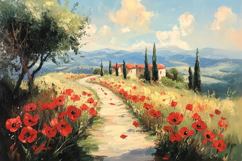 红色罂粟花小径围栏树木