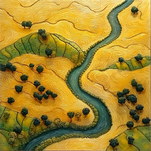 河流蜿蜒穿过高地与麦田