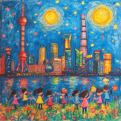 孩子们在城市夜景前的花丛中玩耍