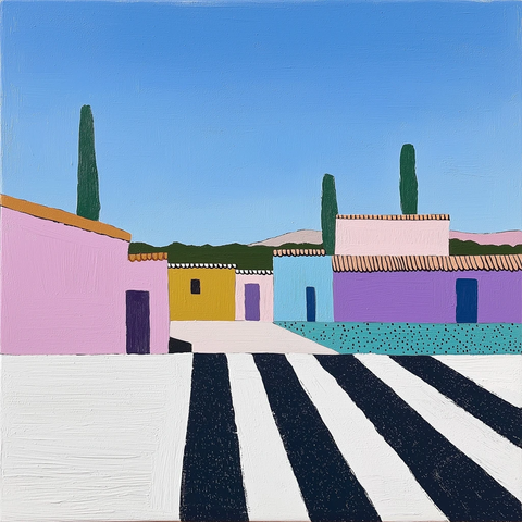 紫色墙面绿色屋顶黑白条纹