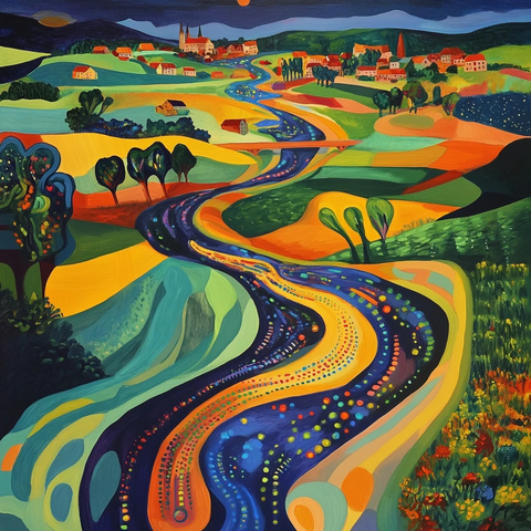 河流分支桥与村庄田野