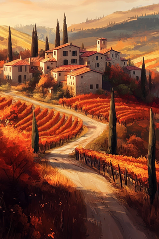 秋日石屋村庄与葡萄园