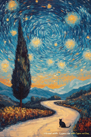 星夜小径与柏树和猫咪