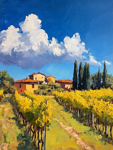 葡萄园草地房屋油彩画