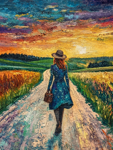 雪夜乡间路女子漫步