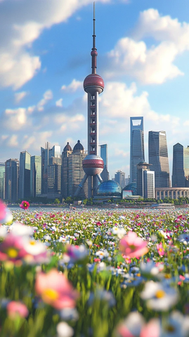 东方明珠前的多彩花海全景