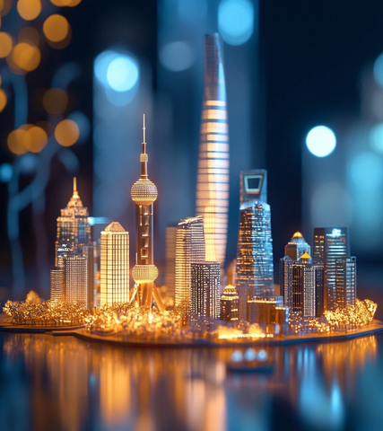城市夜景下的标志性建筑模型