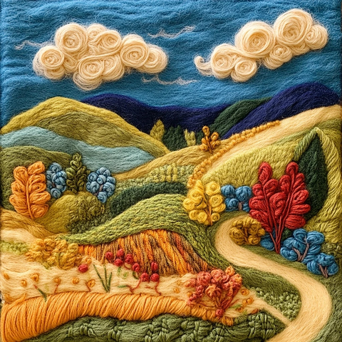 羊毛云朵山丘花卉路径