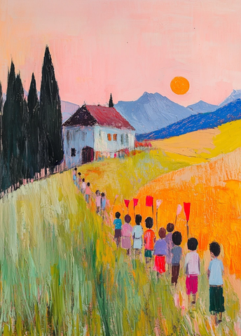 儿童奔跑山坡学校