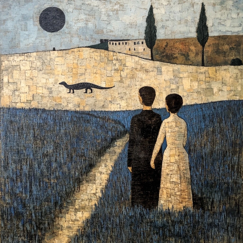 年轻夫妇与蜥蜴漫步薰衣草田