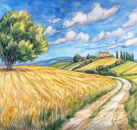 山水风景线描彩铅画