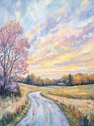 乡村路树影远景红屋顶