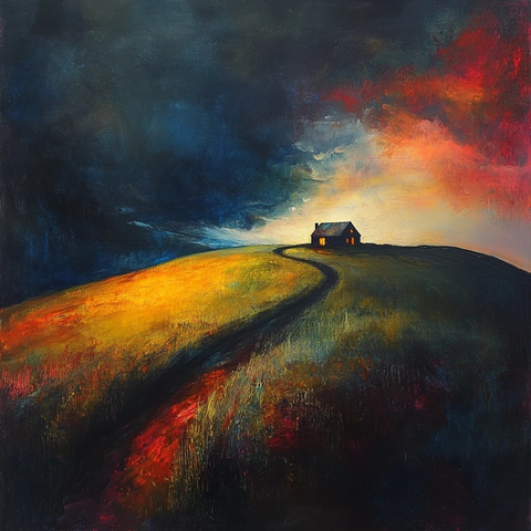 乡村小屋远景油画