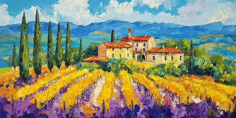 葡萄园与柏树林山景