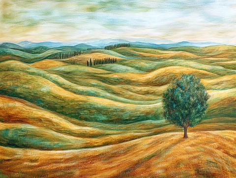 起伏山丘与孤树