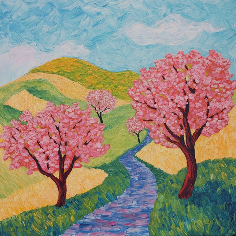 樱桃树小径与山丘背景