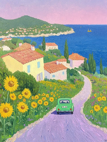 绿车行驶在花田山路