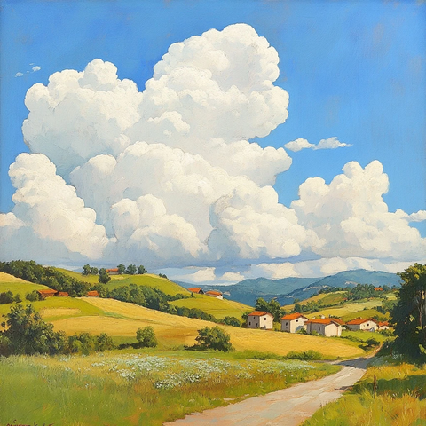 山丘田野房屋晴空