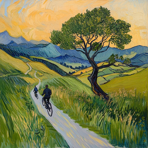 山地骑行者草地小树日出