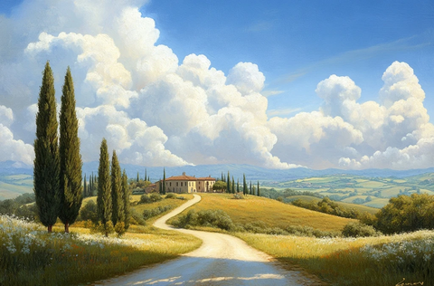 柏树林与云彩映衬别墅之路