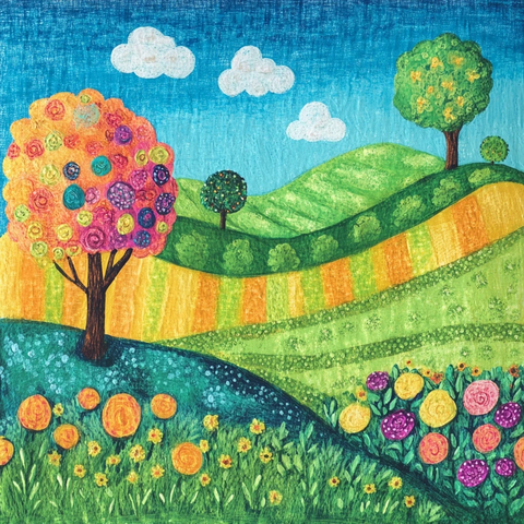 绿野山丘与多彩天空