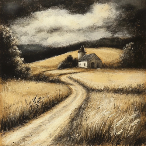 农场风景黑白油彩画