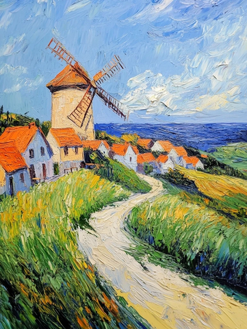 风车村庄与草地风光