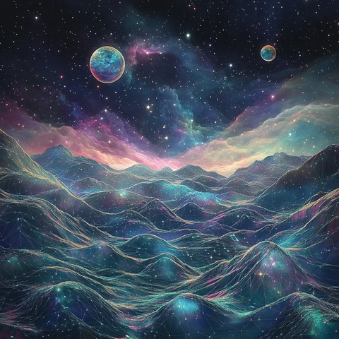 透明晶体山丘与星云景观