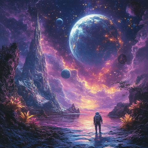 宇航员凝望星云与异星景观