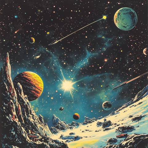 星云与小行星群漫画风格