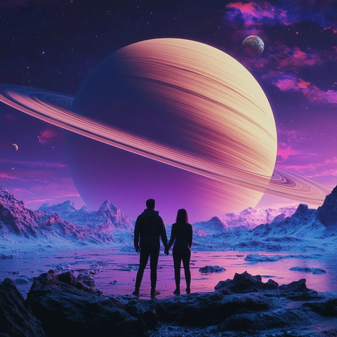 情侣牵手观看土星