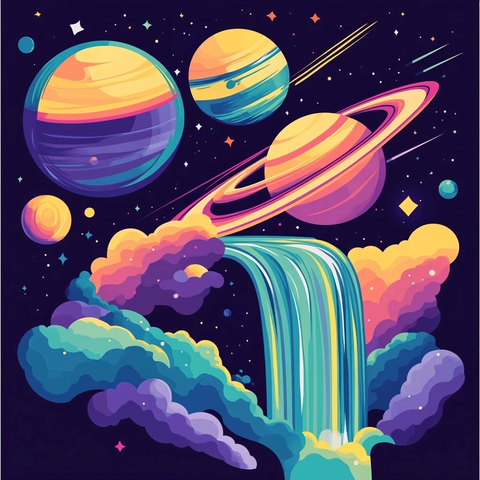 瀑布云海星空插画