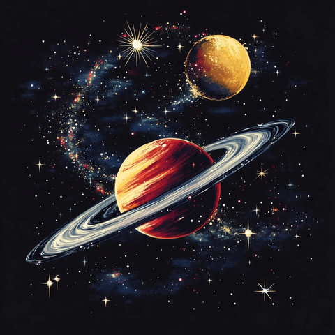 银河星系红色土星黄月