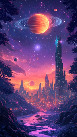 巨型土星与动漫城市夜景