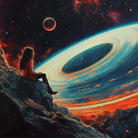 太空女孩观察红色星体