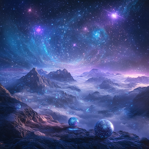 星光雾气环绕浮石山峰