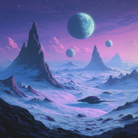 山脉波浪与坠毁飞船与三月亮