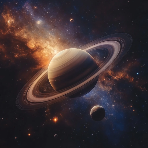 土星与小行星带银河背景