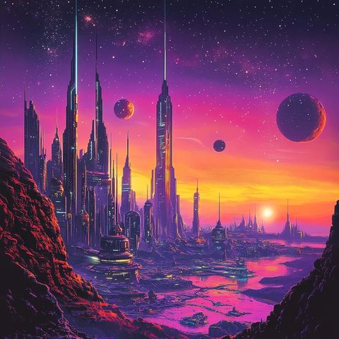 霓虹塔楼与飞翔车辆