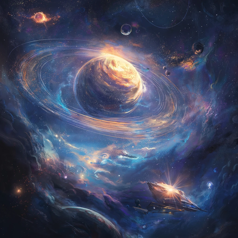 星云环绕巨大星球与飞船