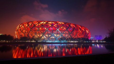 夜晚灯光下的鸟巢体育场全景