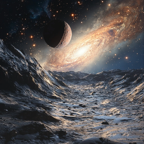 星系与大卫星背景的异星景象