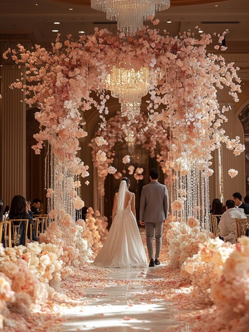 新娘新郎步入豪华酒店婚礼厅