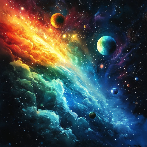 红蓝绿黄星云环绕行星