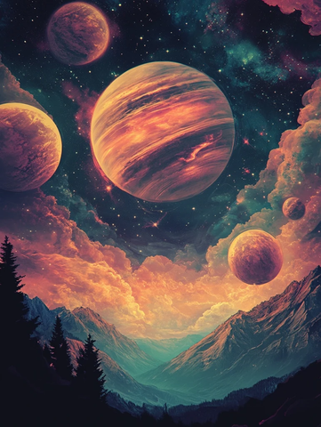 行星群环绕星云背景