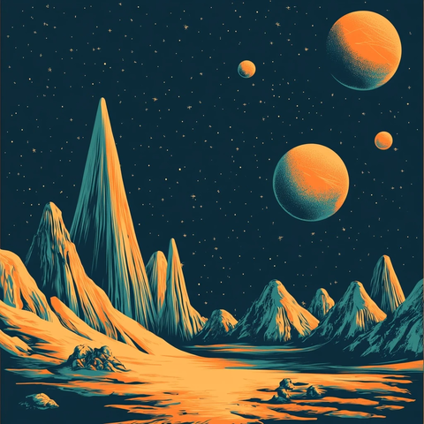 橙蓝太空山脉复古风格