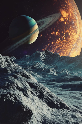 月球表面石质地形与土星背景