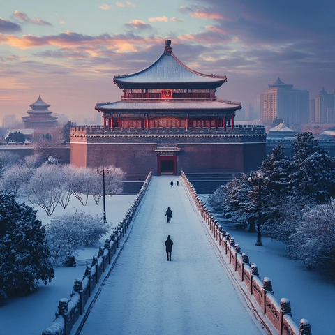 雪中的古建筑前有行人的长道全景
