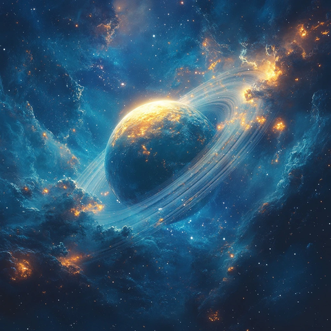 环形冰岩行星与多彩星云