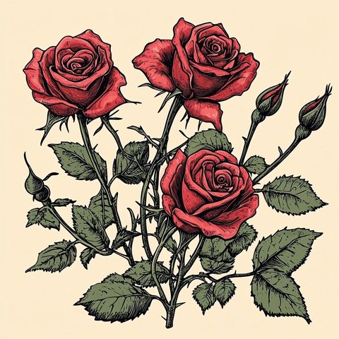 玫瑰带刺木刻插画